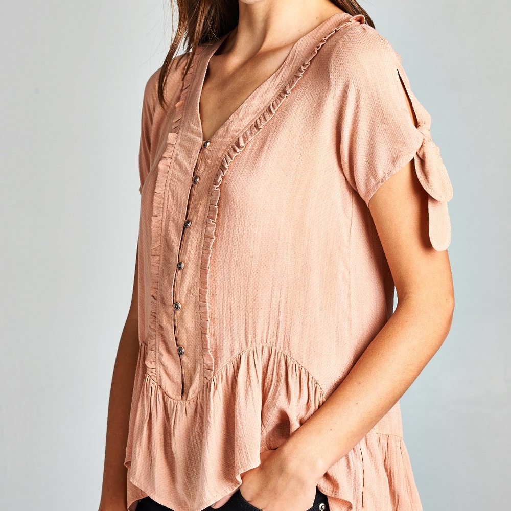 Dark Coral Ruffle Button-Front Top - Picture 2 of 6